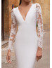 Long Sleeve V Neck Ivory Satin Lace Wedding Dress